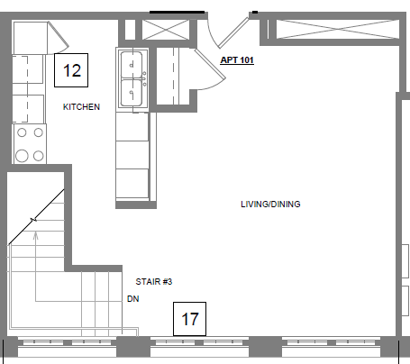Large living space with kitchen alcove, breakfast bar, and a closet downstairs